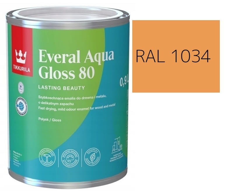 TIKKURILA Everal Aqua Gloss [80] 0,9l Połysk KOLOR ŻÓŁTY PASTELOWY  RAL 1034