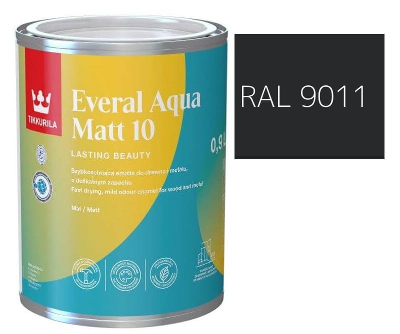 TIKKURILA Everal Aqua Matt [10]  0,9L KOLOR CZARNY GRAFITOWY RAL 9011