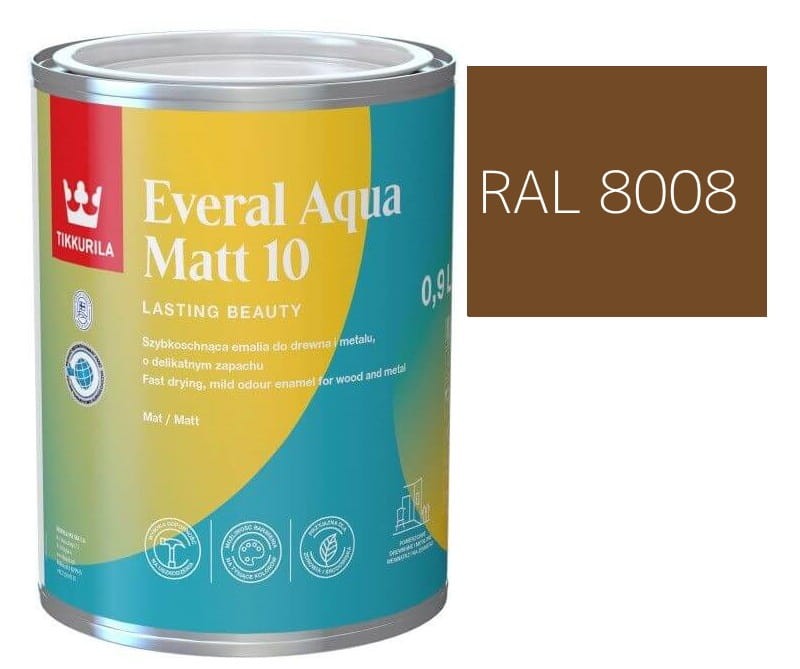 TIKKURILA Everal Aqua Matt [10]  0,9L KOLOR BRĄZOWY OLIWKOWY  RAL 8008