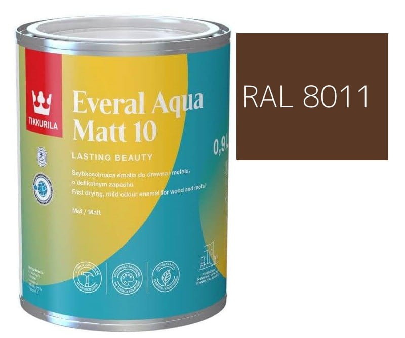 TIKKURILA Everal Aqua Matt [10]  0,9L KOLOR BRĄZOWY ORZECHOWY  RAL 8011