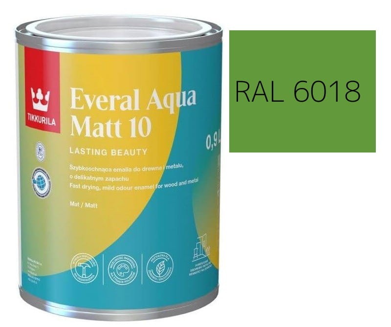 TIKKURILA Everal Aqua Matt [10]  0,9L KOLOR ZIELONY WIOSENNY RAL 6018