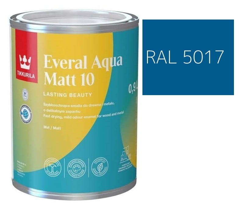 TIKKURILA Everal Aqua Matt [10]  0,9L KOLOR NIEBIESKI OSTRZEGAWCZY RAL 5017