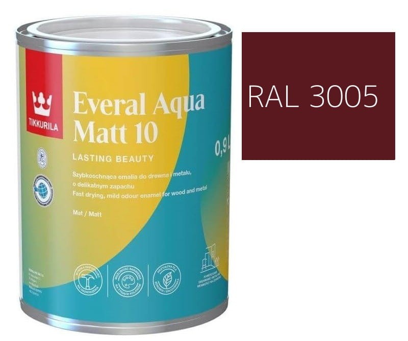 TIKKURILA Everal Aqua Matt [10]  0,9L KOLOR CZERWONY WINNY RAL 3005