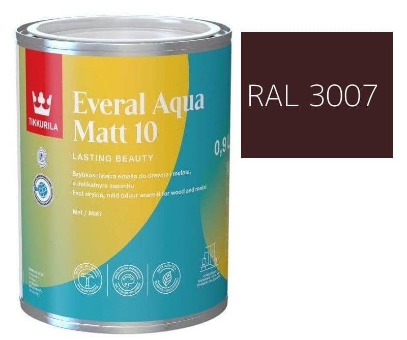 TIKKURILA Everal Aqua Matt [10]  0,9L KOLOR CZARNO CZERWONY  RAL 3007