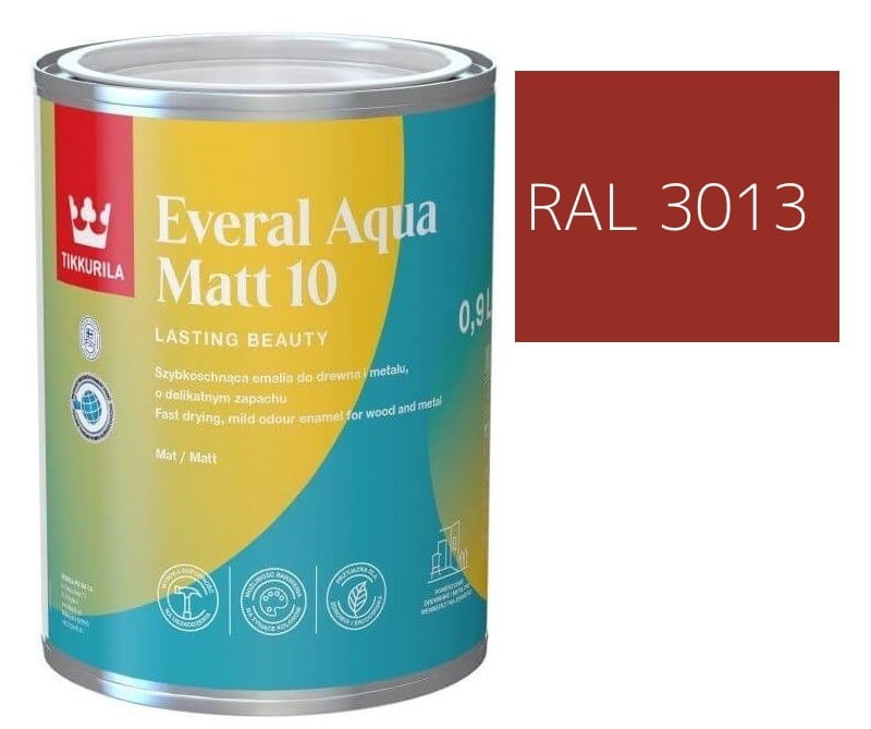 TIKKURILA Everal Aqua Matt [10]  0,9L KOLOR CZERWONO POMIDOROWY RAL 3013