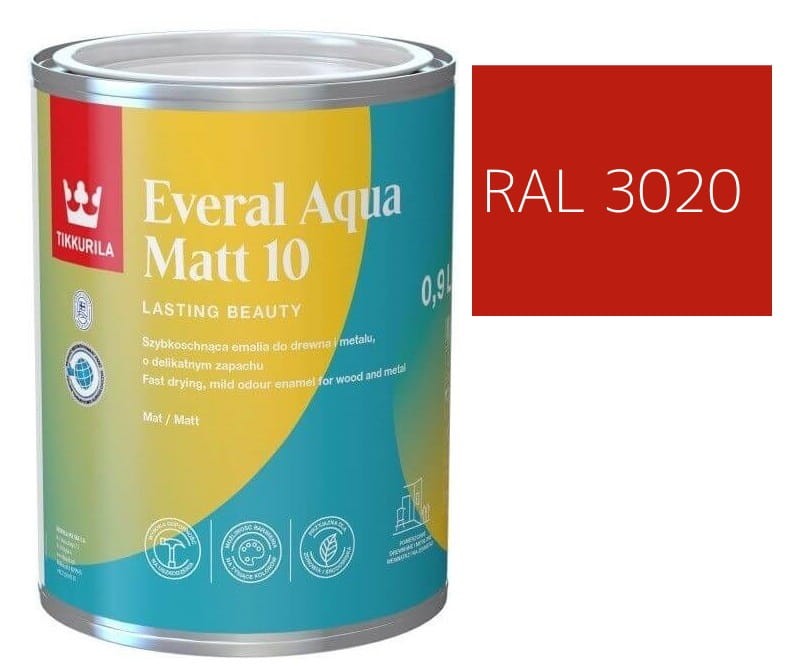 TIKKURILA Everal Aqua Matt [10]  0,9L KOLOR CZERWONY KOMUNIKACYJNY RAL 3020