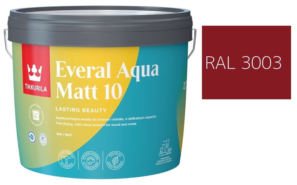 TIKKURILA Everal Aqua Matt [10]  2,7L KOLOR CZERWONY RUBINOWY RAL 3003