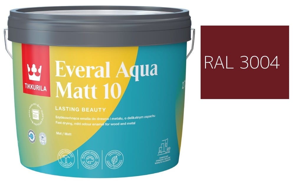TIKKURILA Everal Aqua Matt [10]  2,7L KOLOR CZERWONY PURPUROWY RAL 3004