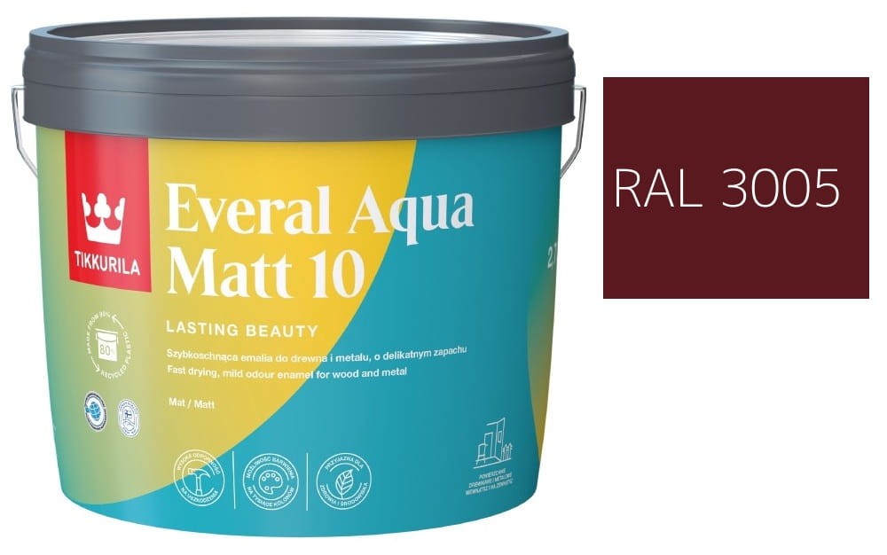 TIKKURILA Everal Aqua Matt [10]  2,7L KOLOR CZERWONY WINNY RAL 3005