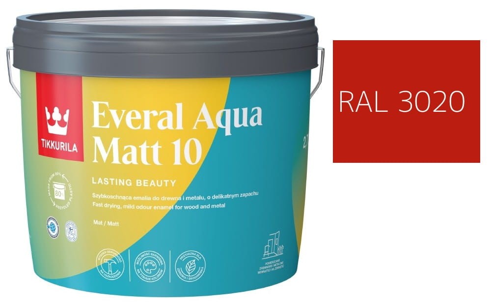 TIKKURILA Everal Aqua Matt [10]  2,7L KOLOR CZERWONY KOMUNIKACYJNY RAL 3020