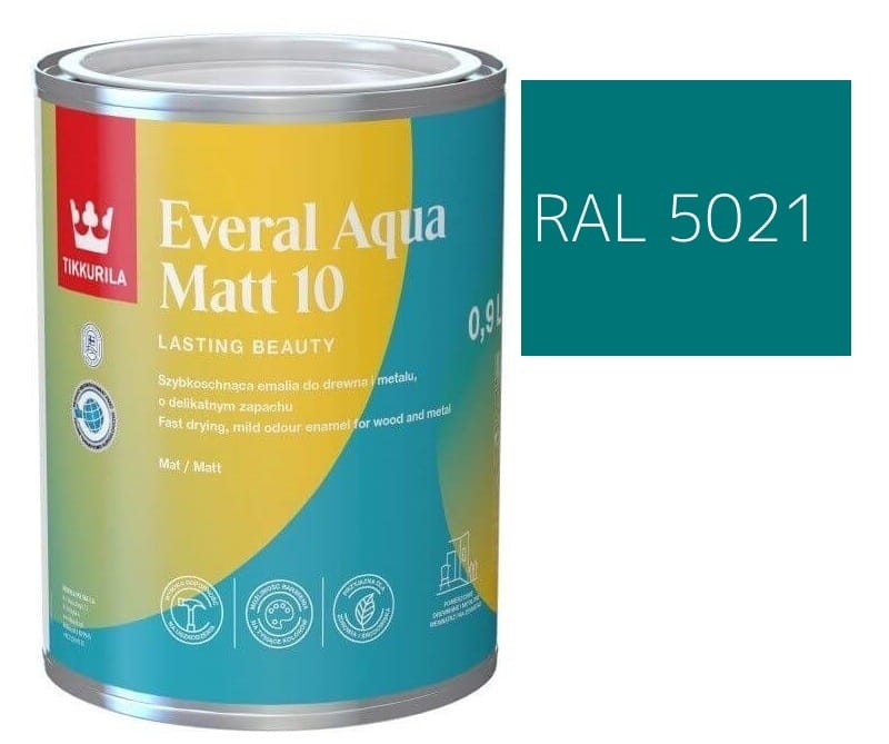 TIKKURILA Everal Aqua Matt [10]  0,9L KOLOR TURKUSOWY ŚREDNI RAL 5021