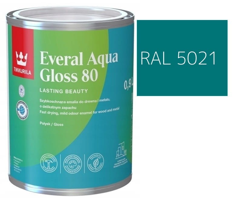 TIKKURILA Everal Aqua Gloss [80] 0,9l Połysk KOLOR TURKUSOWY ŚREDNI RAL 5021
