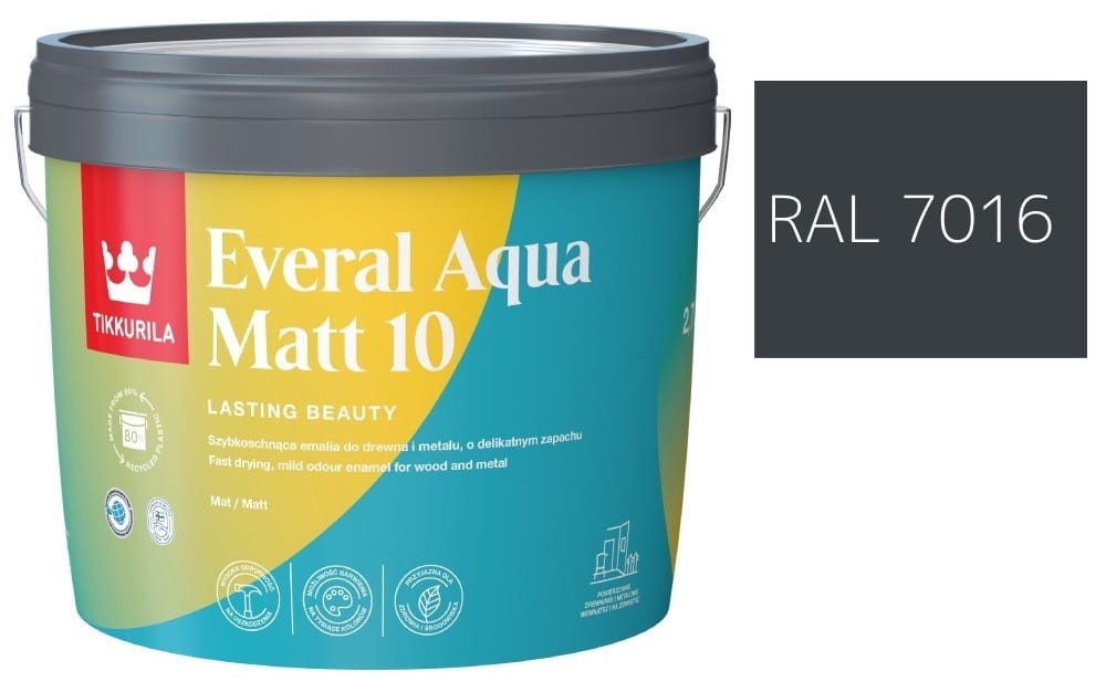TIKKURILA Everal Aqua Matt [10]  2,7L KOLOR SZARY ANTRACYT RAL 7016