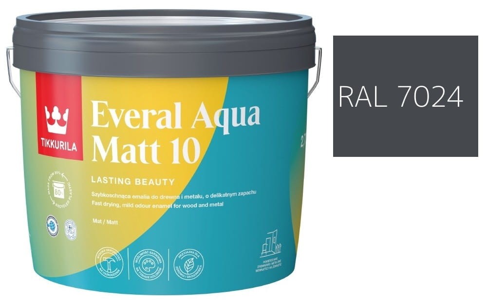 TIKKURILA Everal Aqua Matt [10]  2,7L KOLOR SZARY GRAFITOWY RAL 7024