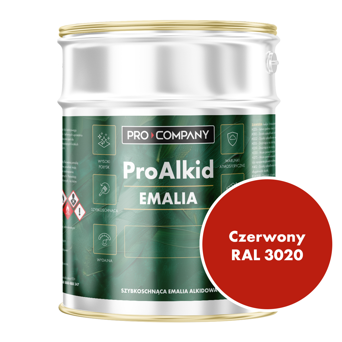 PRO ALKID Szybkoschnąca Emalia Alkidowa 3l Czerwony RAL 3020