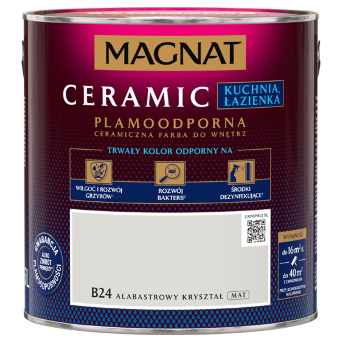 MAGNAT Ceramic Farba plamoodporna Kuchnia Łazienka jasnoszara B24 alabastrowy kryształ 2,5L