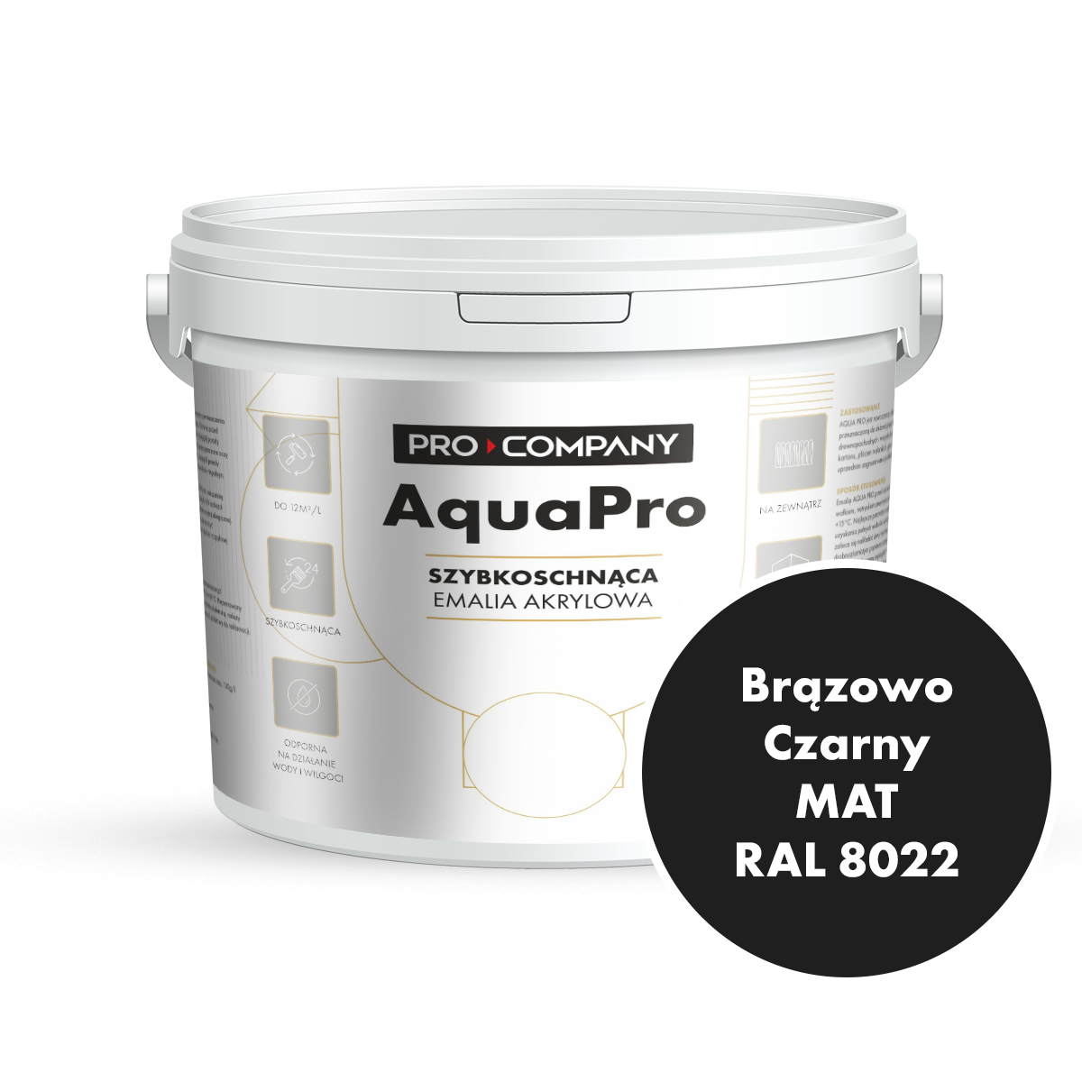 Szybkoschnąca uniwersalna emalia akrylowa Aqua Pro Brązowo Czarny MAT RAL 8022 9L