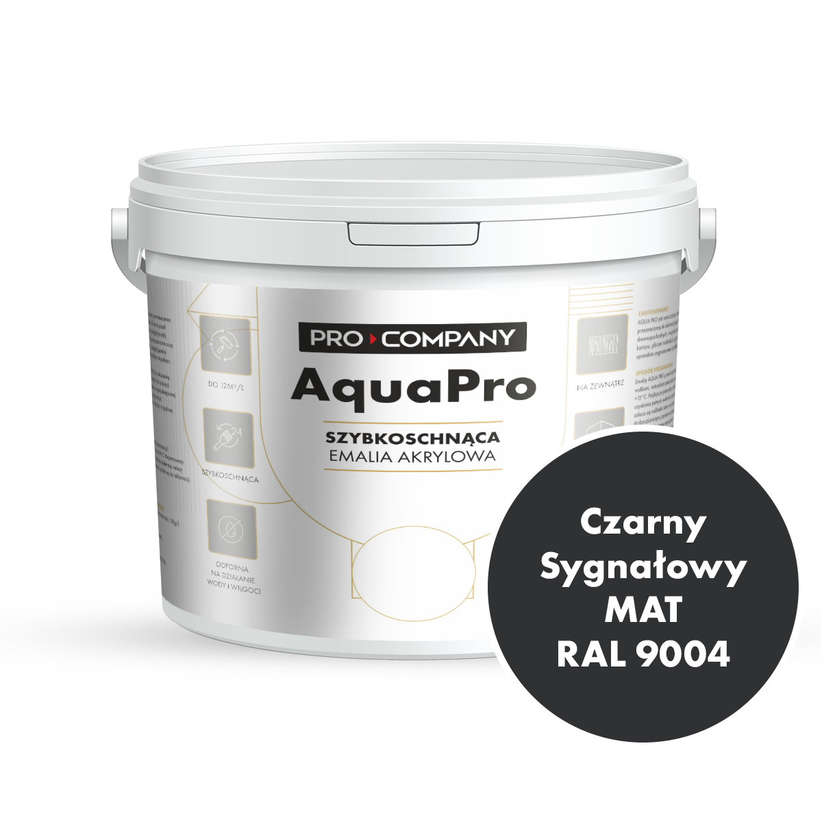 Szybkoschnąca uniwersalna emalia akrylowa Aqua Pro Czarny Sygnałowy MAT RAL 9004 4,5L