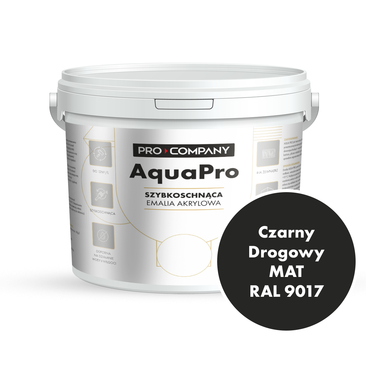 Szybkoschnąca uniwersalna emalia akrylowa Aqua Pro Czarny Drogowy MAT RAL 9017 4,5L