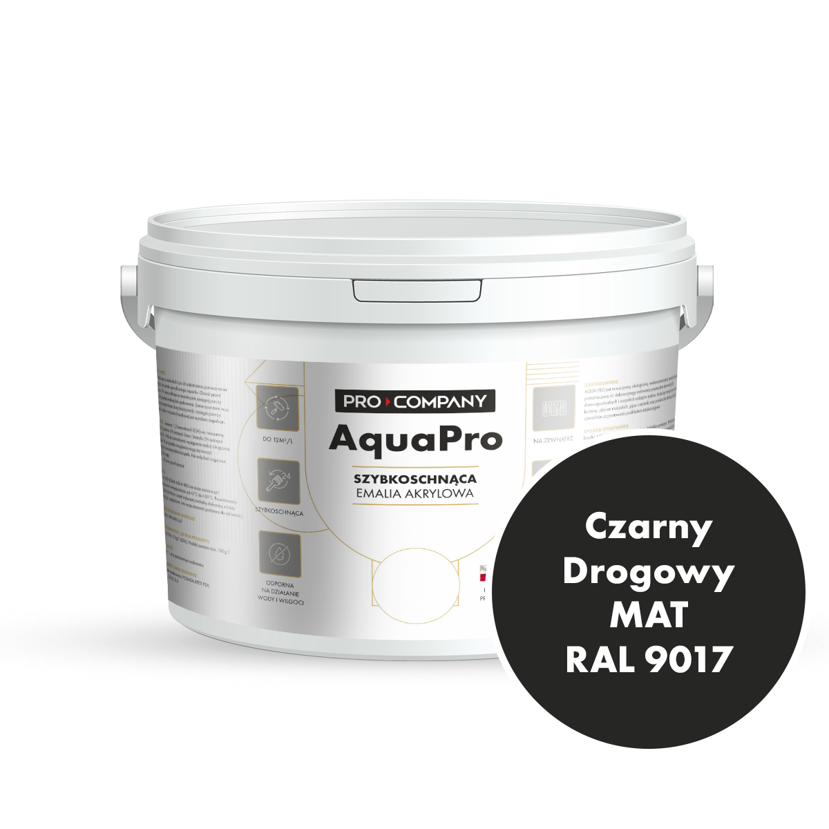 Szybkoschnąca uniwersalna emalia akrylowa Aqua Pro Czarny Drogowy MAT RAL 9017 2,7L