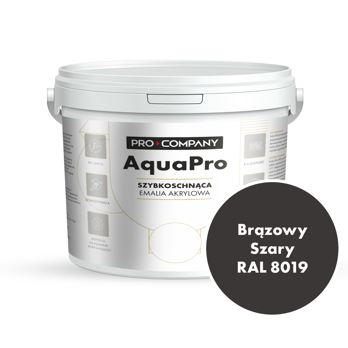 Szybkoschnąca uniwersalna emalia akrylowa Aqua Pro Brązowy Szary RAL 8019 4,5L