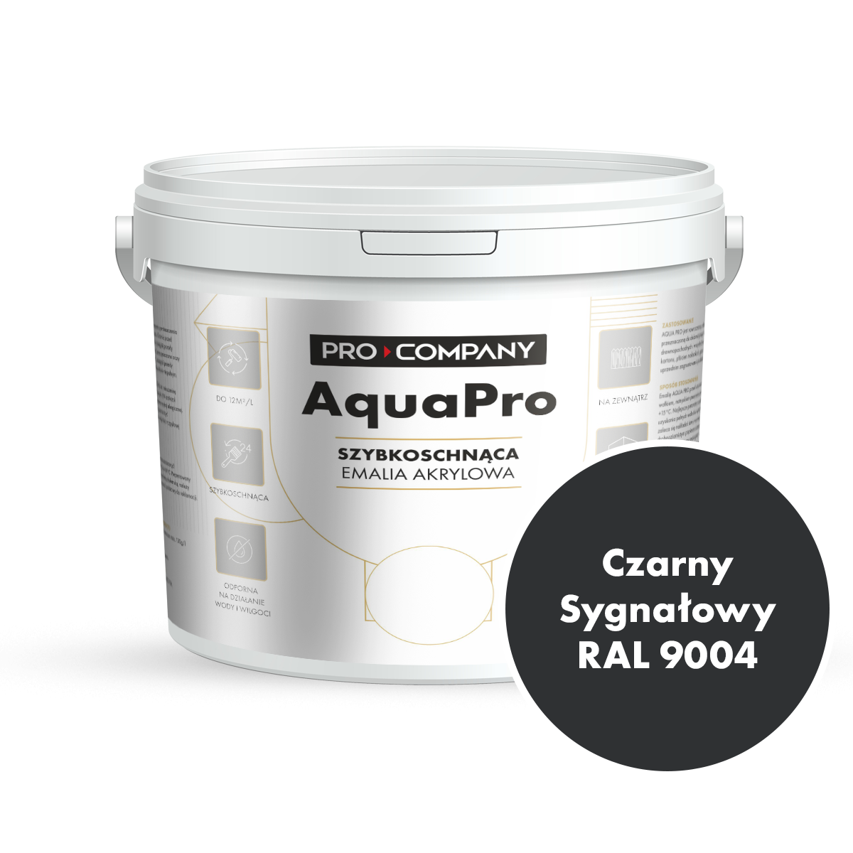 Szybkoschnąca uniwersalna emalia akrylowa Aqua Pro Czarny Sygnałowy RAL 9004 4,5L