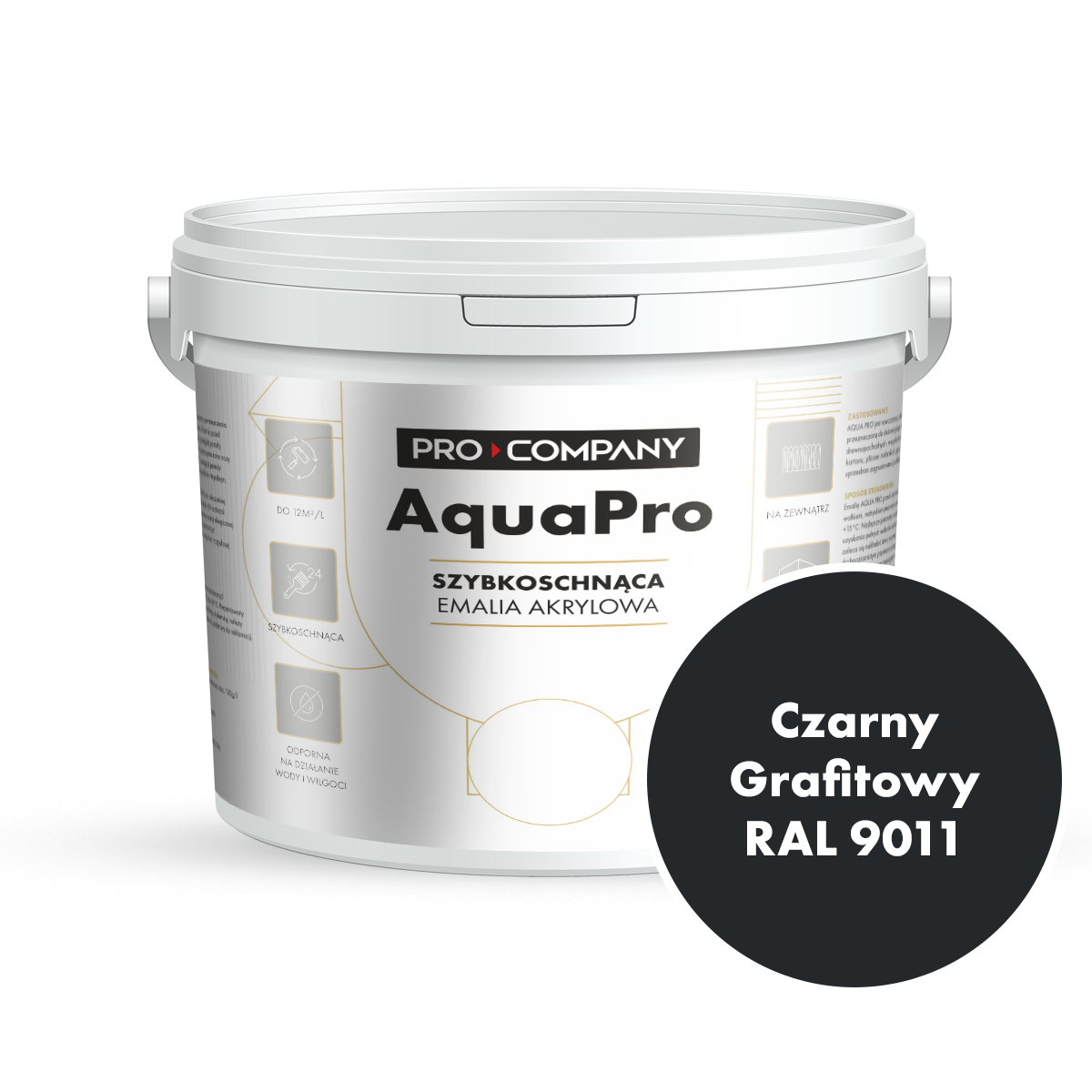 Szybkoschnąca uniwersalna emalia akrylowa Aqua Pro Czarny Grafitowy RAL 9011 4,5L
