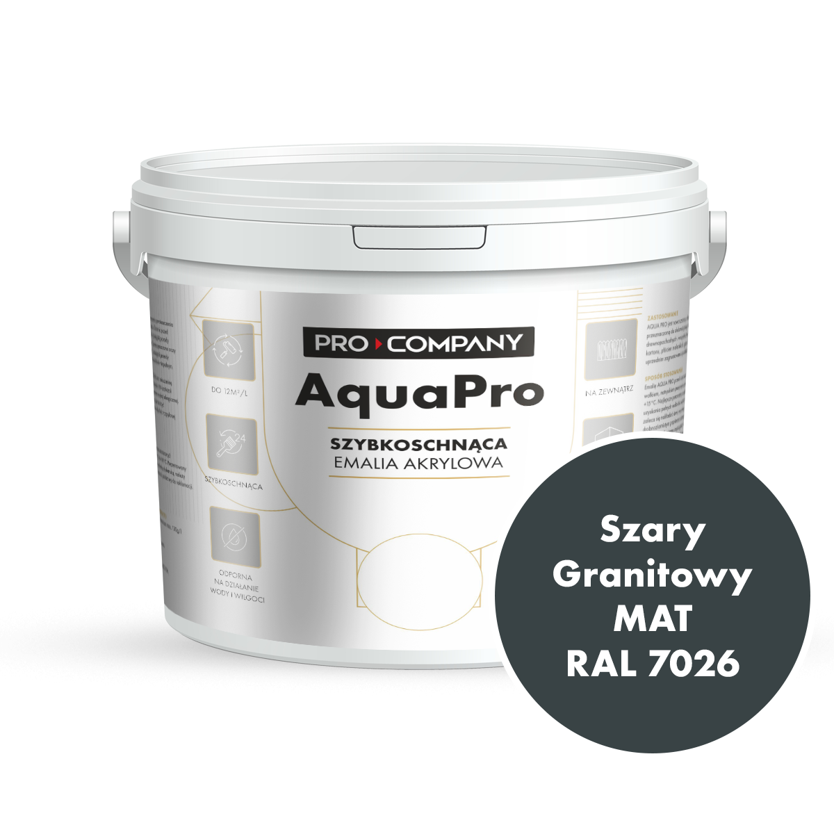 Szybkoschnąca uniwersalna emalia akrylowa Aqua Pro Szary Granitowy MAT RAL 7026 9L
