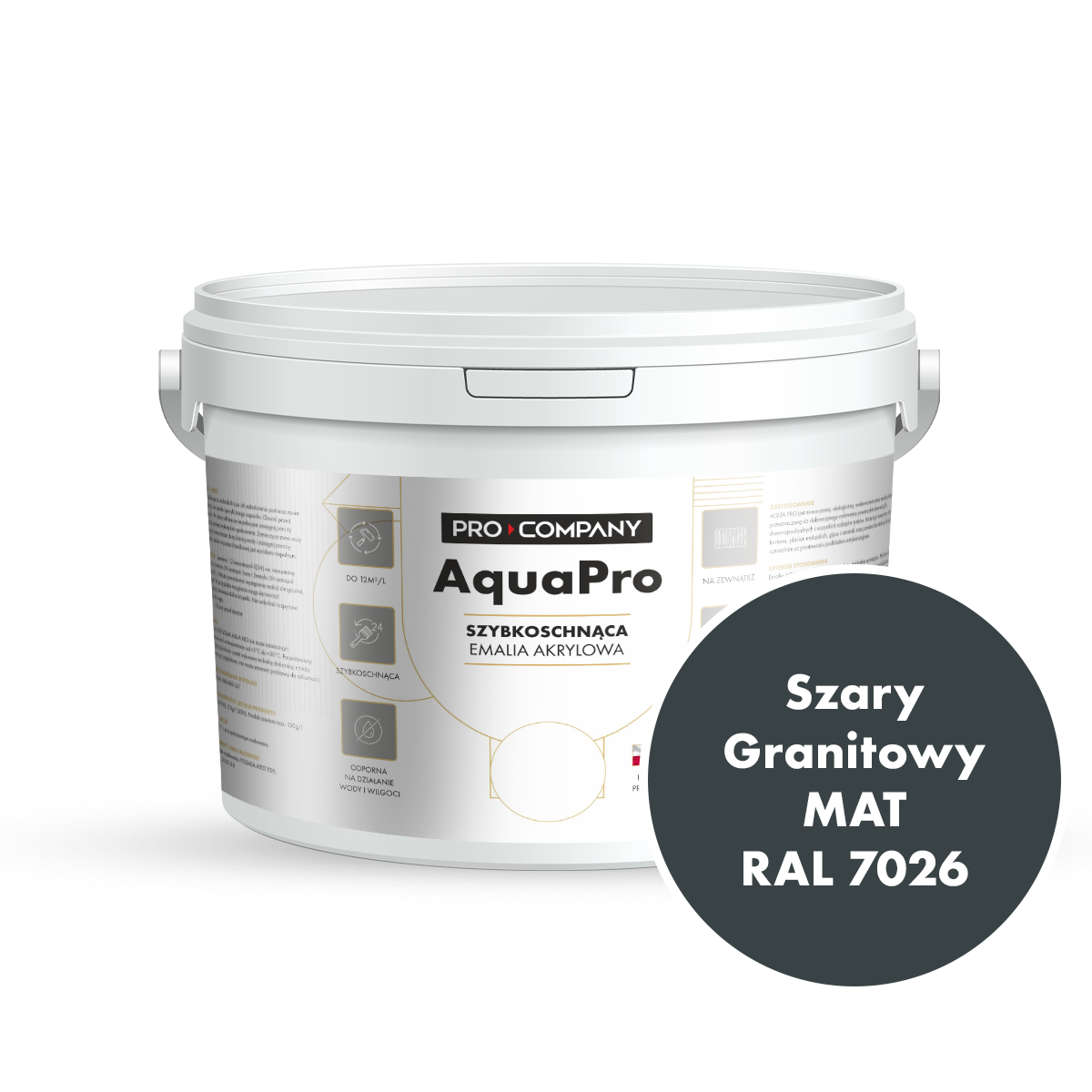 Szybkoschnąca uniwersalna emalia akrylowa Aqua Pro Szary Granitowy MAT RAL 7026 2,7L