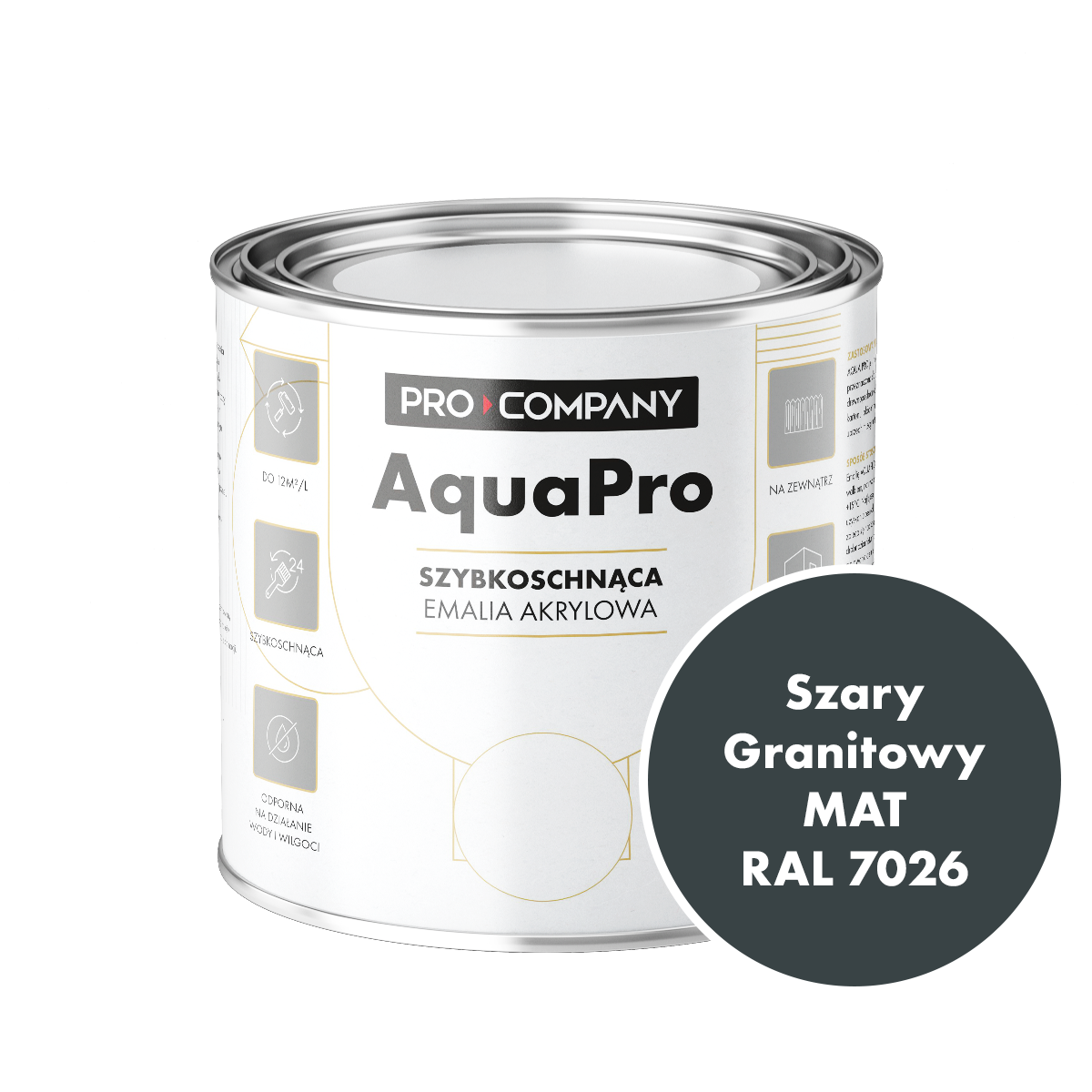 Szybkoschnąca uniwersalna emalia akrylowa Aqua Pro Szary Granitowy MAT RAL 7026 0,7L