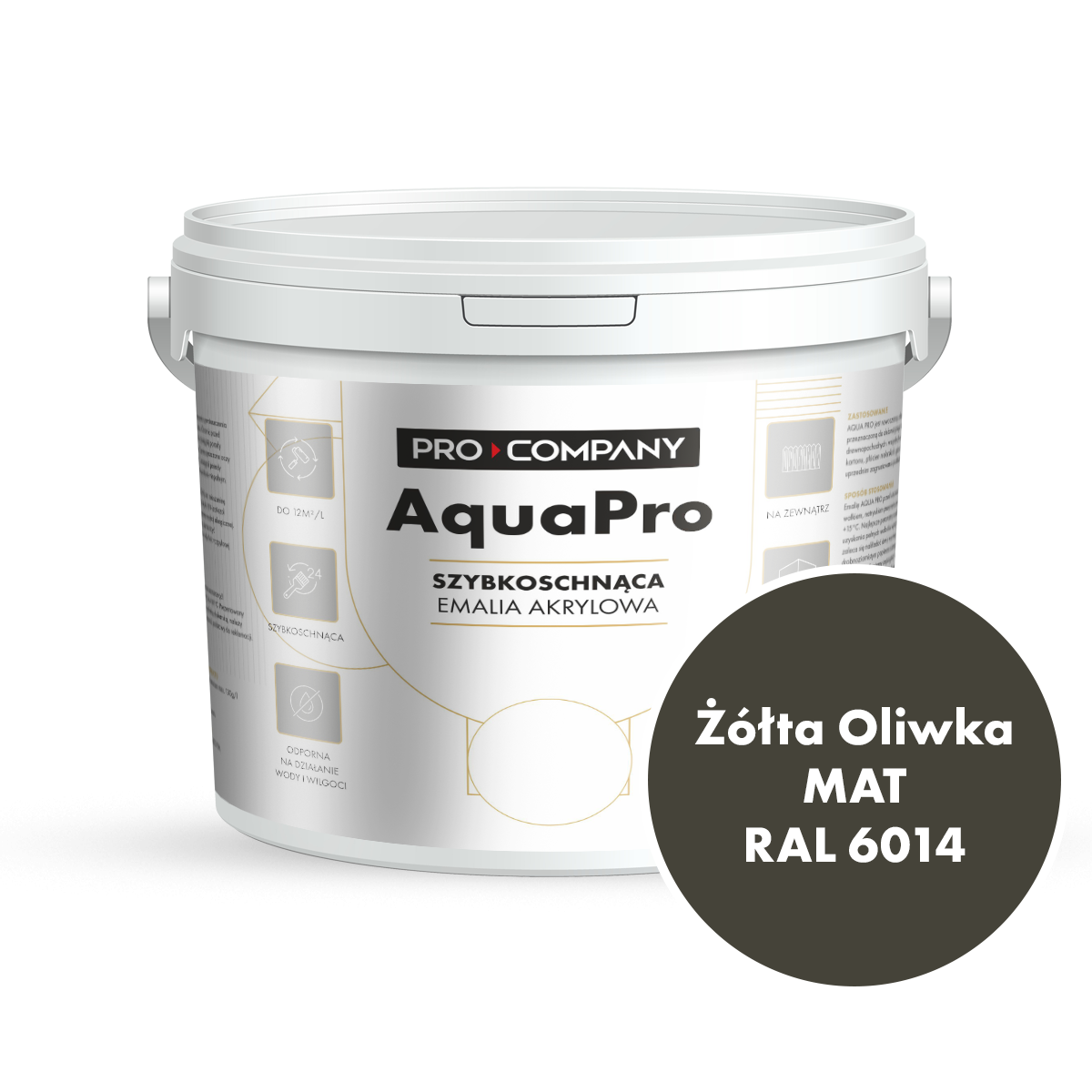 Szybkoschnąca uniwersalna emalia akrylowa Aqua Pro Żółta Oliwka MAT RAL 6014 4,5L