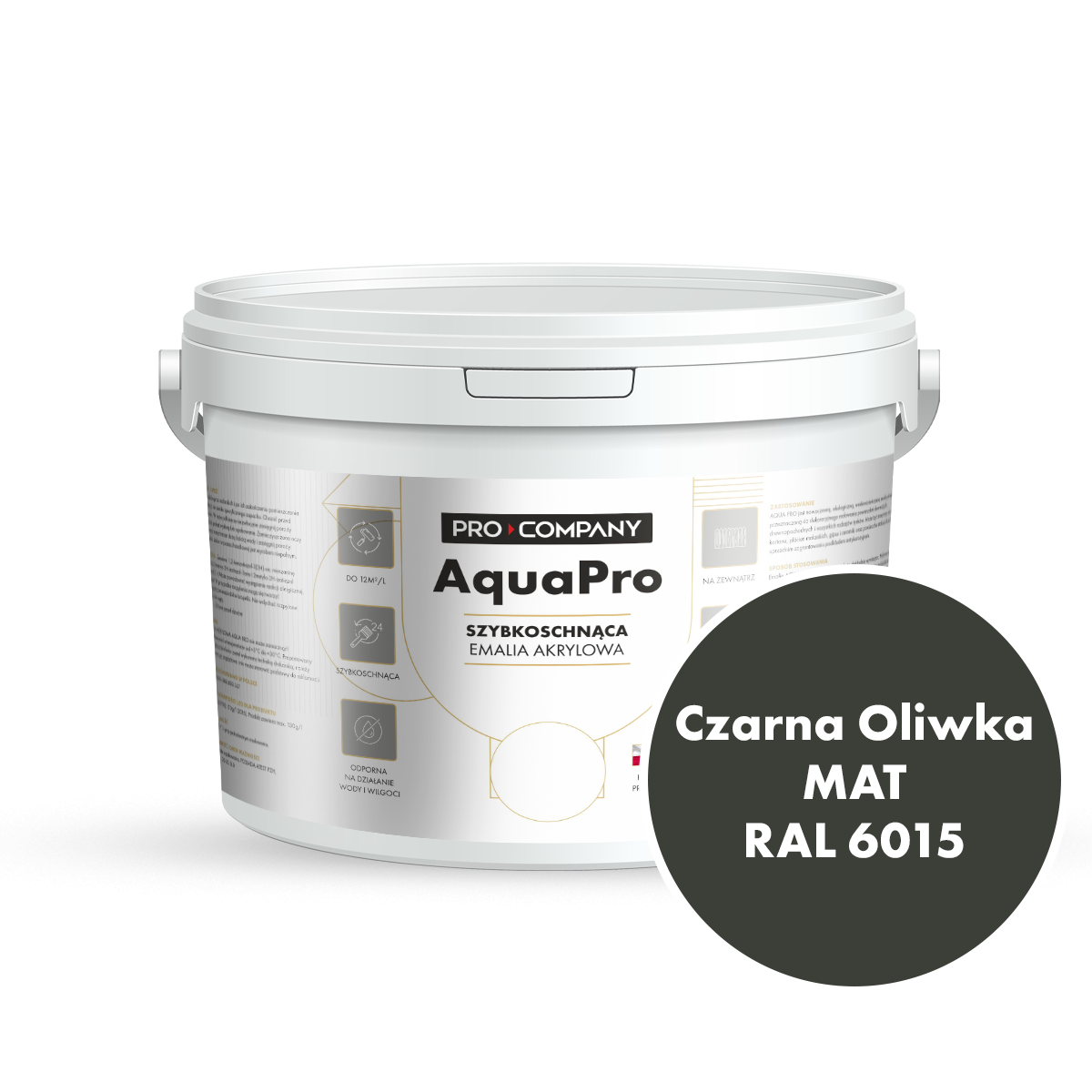 Szybkoschnąca uniwersalna emalia akrylowa Aqua Pro Czarna Oliwka MAT RAL 6015 2,7L