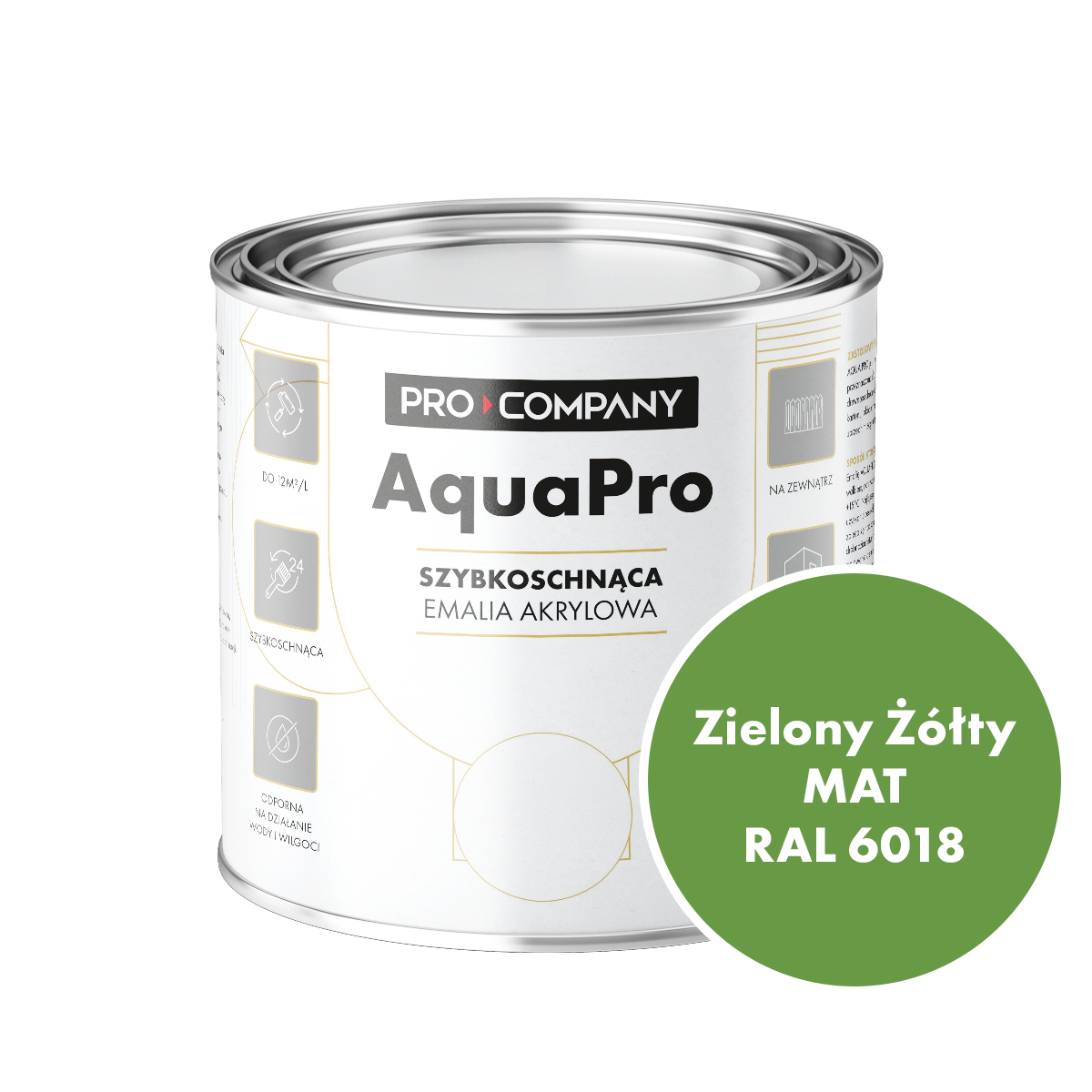 Szybkoschnąca uniwersalna emalia akrylowa Aqua Pro Zielony Żółty MAT RAL 6018 0,7L