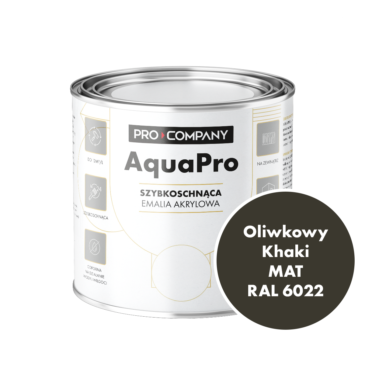 Szybkoschnąca uniwersalna emalia akrylowa Aqua Pro Oliwkowy Khaki MAT RAL 6022 0,7L