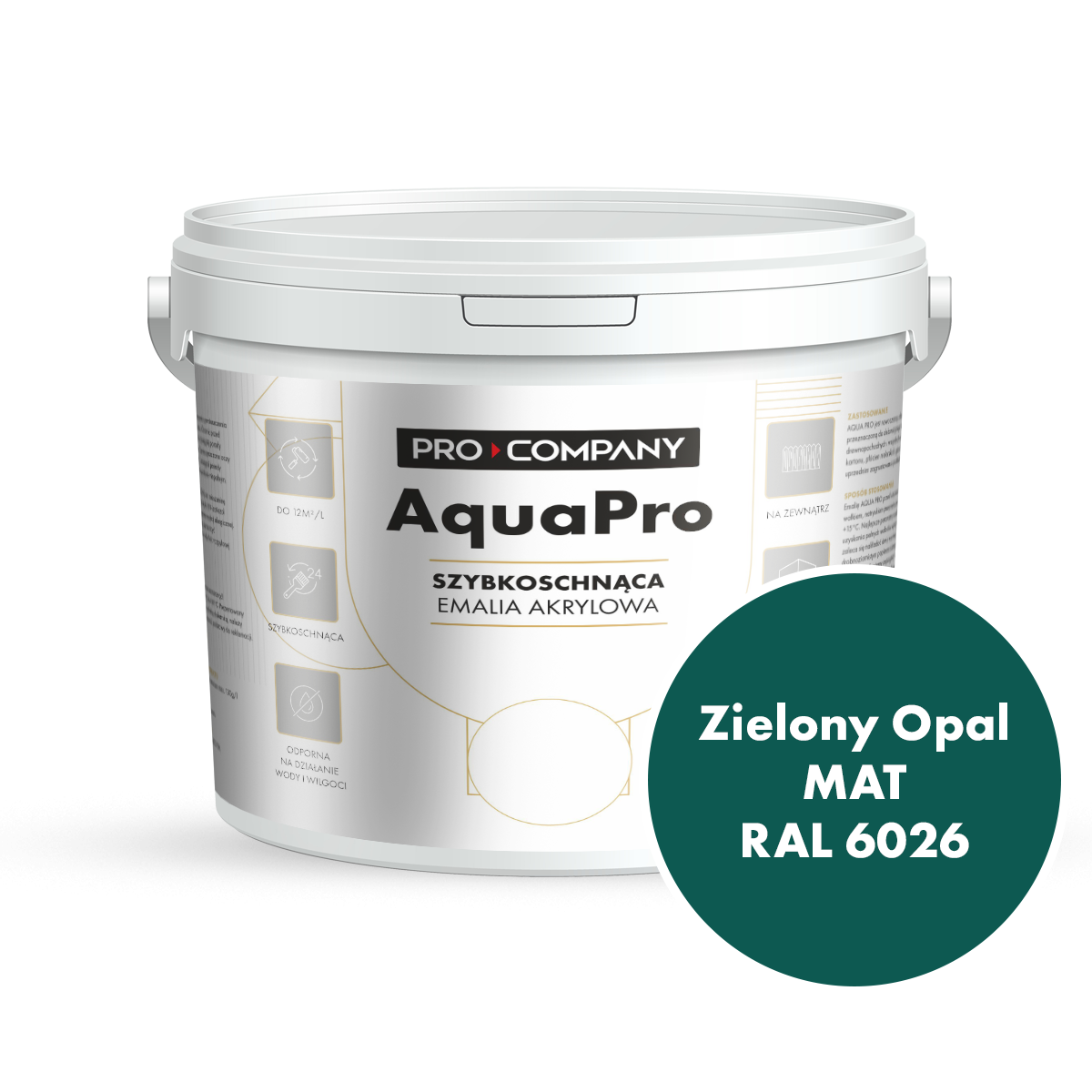 Szybkoschnąca uniwersalna emalia akrylowa Aqua Pro Zielony Opal MAT RAL 6026 9L