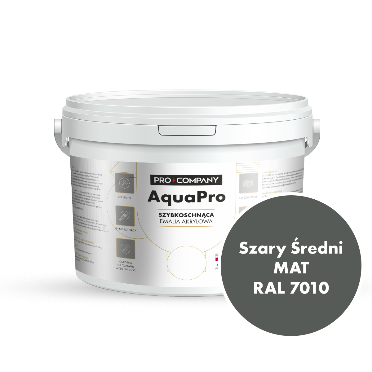 Szybkoschnąca uniwersalna emalia akrylowa Aqua Pro Szary Średni MAT RAL 7010 2,7L