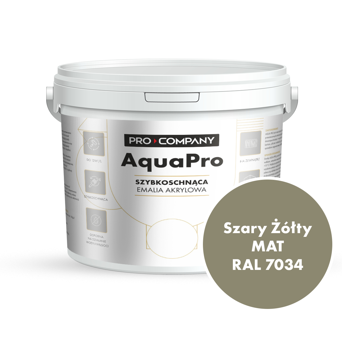 Szybkoschnąca uniwersalna emalia akrylowa Aqua Pro Szary Żółty MAT RAL 7034 9L
