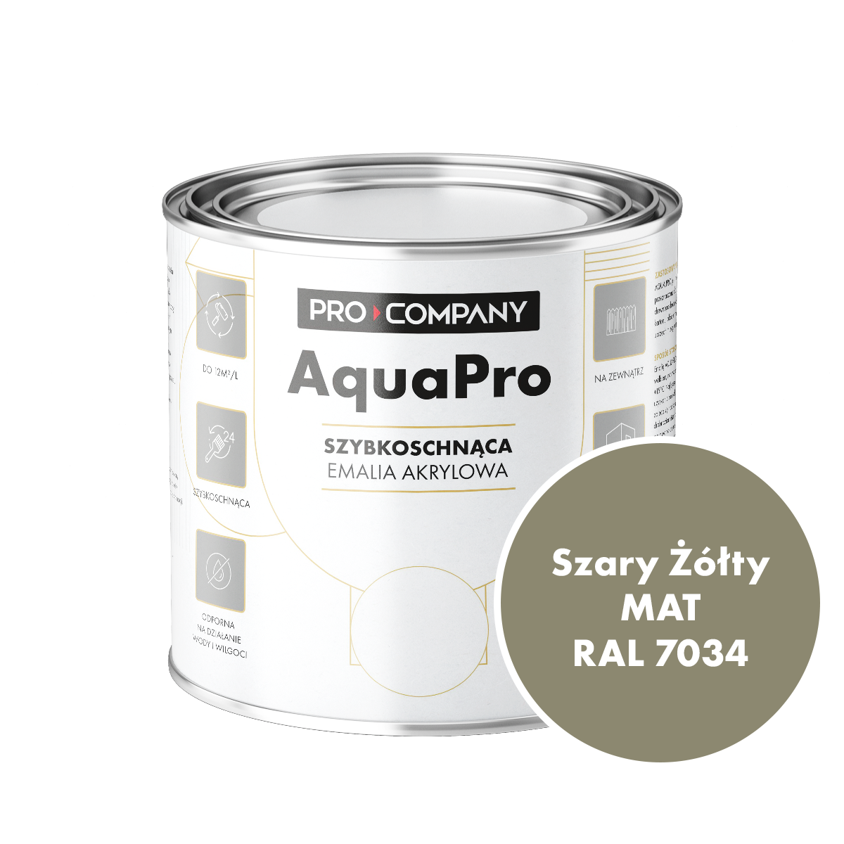 Szybkoschnąca uniwersalna emalia akrylowa Aqua Pro Szary Żółty MAT RAL 7034 0,7L