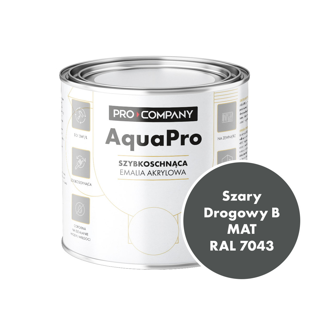 Szybkoschnąca uniwersalna emalia akrylowa Aqua Pro Szary Drogowy B MAT RAL 7043 0,7L