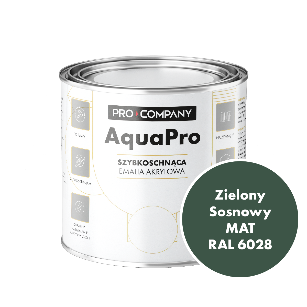 Szybkoschnąca uniwersalna emalia akrylowa Aqua Pro Zielony Sosnowy MAT RAL 6028 0,7L