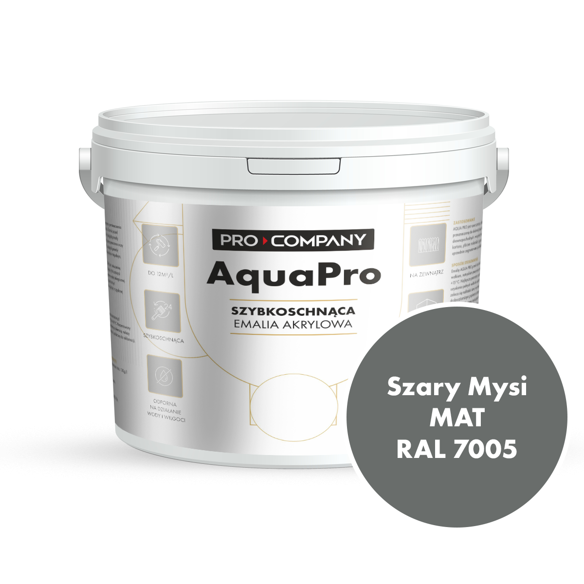 Szybkoschnąca uniwersalna emalia akrylowa Aqua Pro Szary Mysi MAT RAL 7005 5L