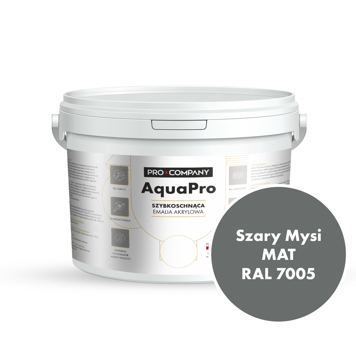 Szybkoschnąca uniwersalna emalia akrylowa Aqua Pro Szary Mysi MAT RAL 7005 3L