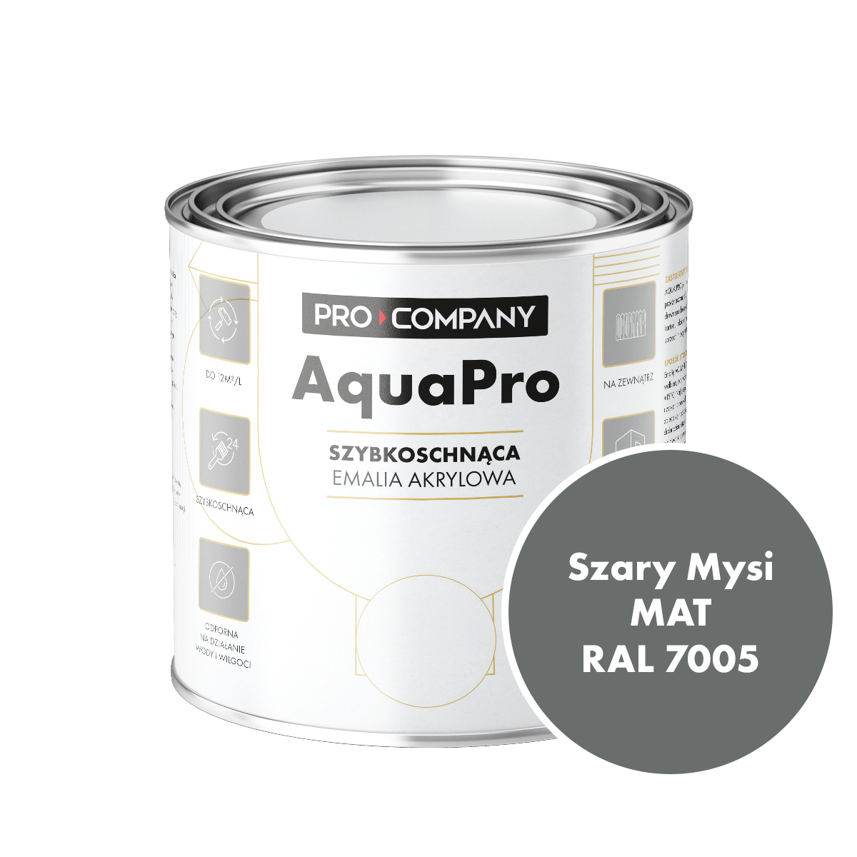 Szybkoschnąca uniwersalna emalia akrylowa Aqua Pro Szary Mysi MAT RAL 7005 0,8L