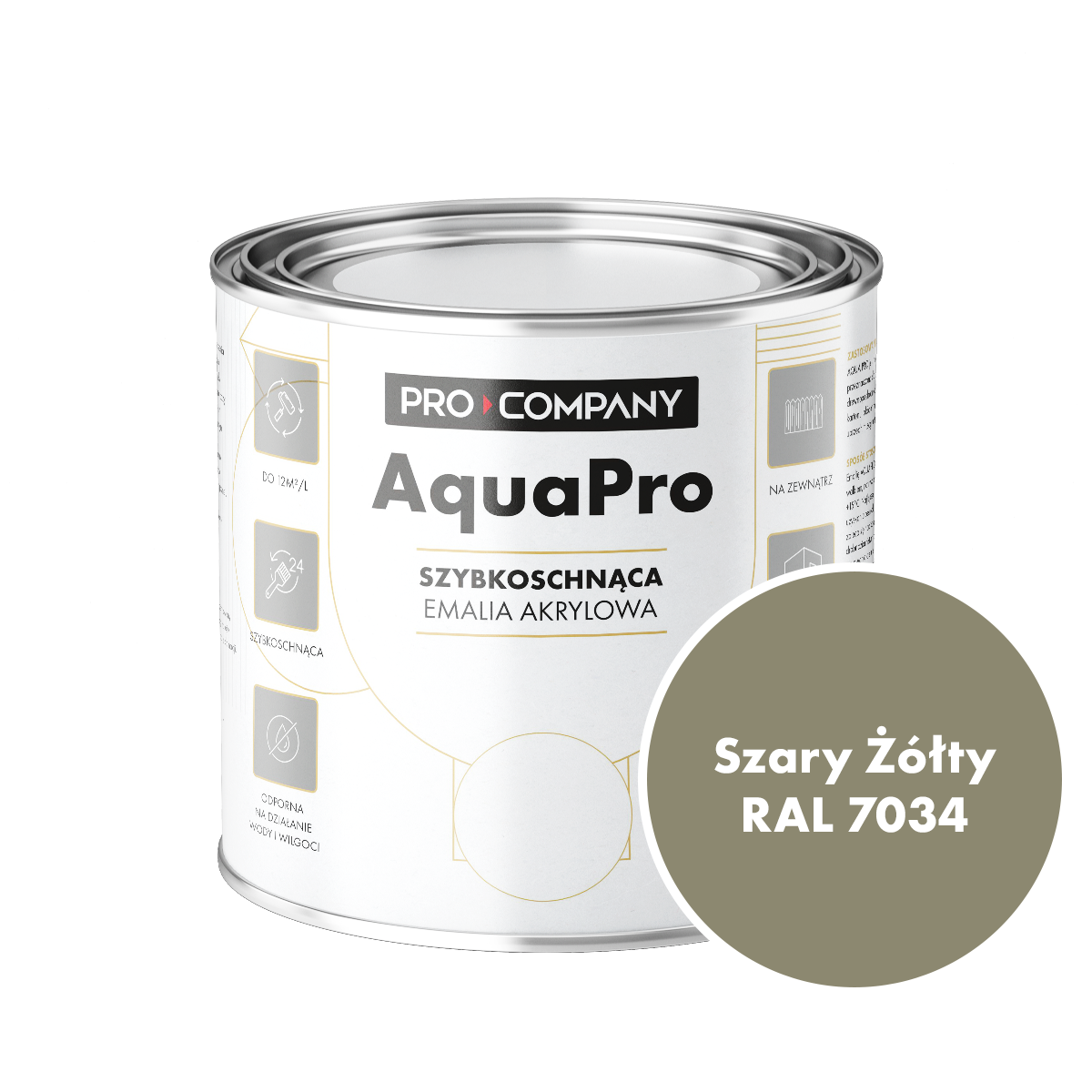 Szybkoschnąca uniwersalna emalia akrylowa Aqua Pro Szary Żółty RAL 7034 0,7L