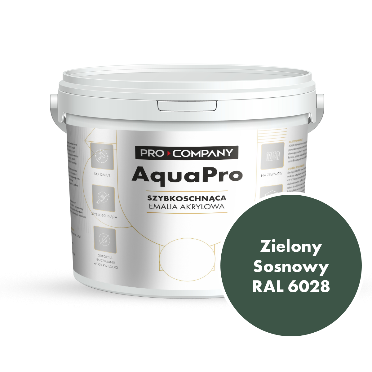 Szybkoschnąca uniwersalna emalia akrylowa Aqua Pro Zielony Sosnowy RAL 6028 4,5L