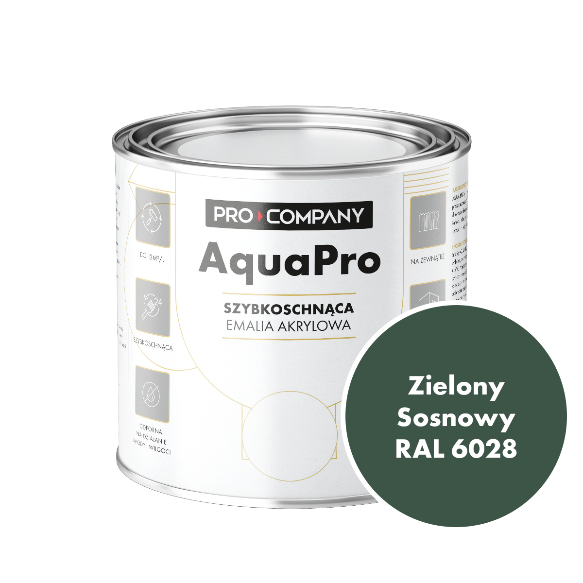 Szybkoschnąca uniwersalna emalia akrylowa Aqua Pro Zielony Sosnowy RAL 6028 0,7L