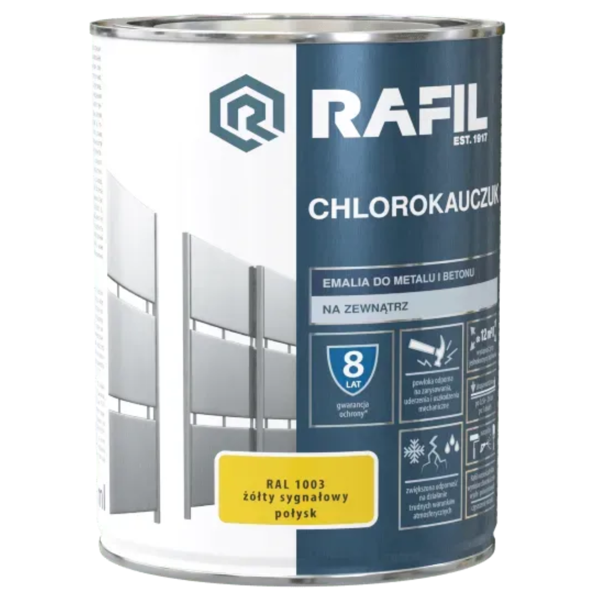 RAFIL Chlorokauczuk emalia do metalu i betonu żółty sygnałowy połysk RAL 1003 5L