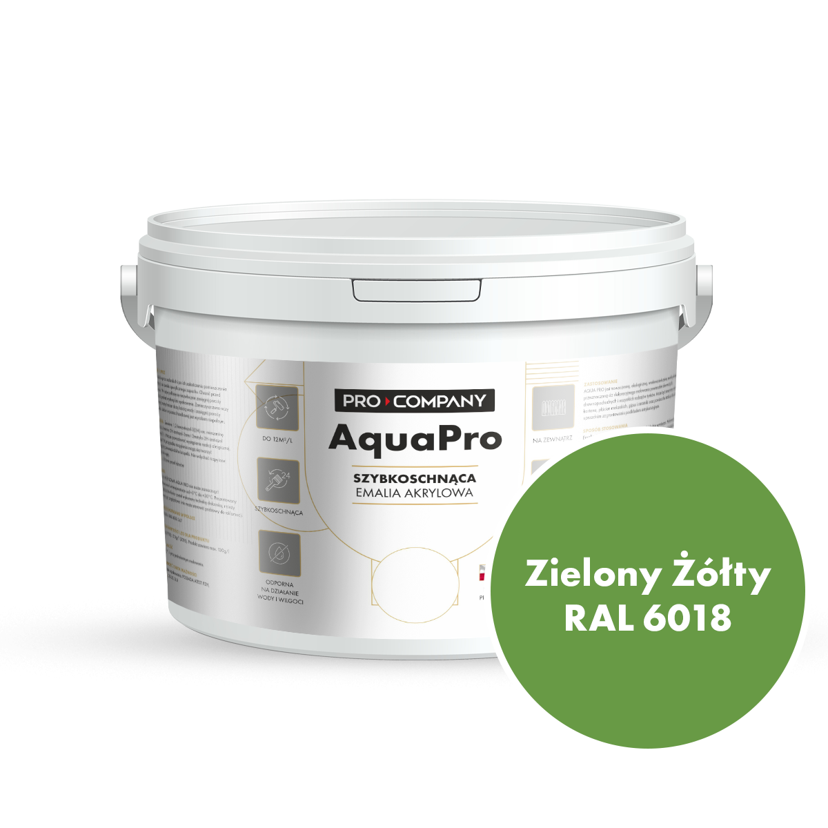 Szybkoschnąca uniwersalna emalia akrylowa Aqua Pro Zielony Żółty RAL 6018 2,7L