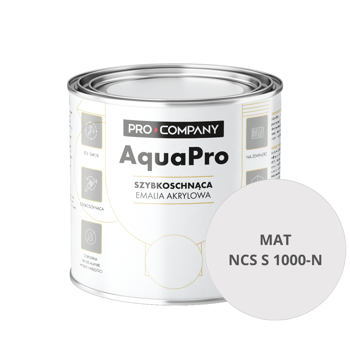 Szybkoschnąca uniwersalna emalia akrylowa Aqua Pro Jasny Szary MAT NCS S 1000-N 0,8L