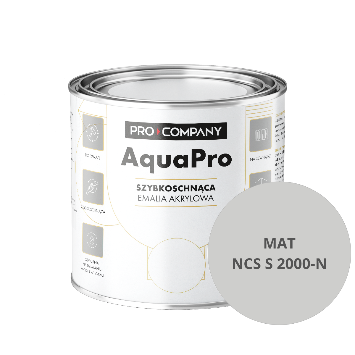 Szybkoschnąca uniwersalna emalia akrylowa Aqua Pro Średni Szary MAT NCS S 2000-N 0,8L
